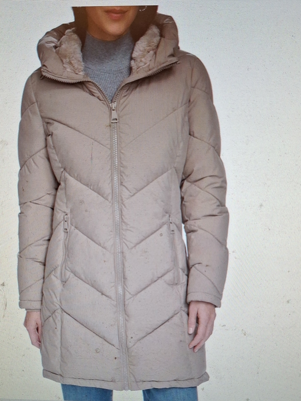 Calvin Klein Long Puffer Coat with Diagonal Stitching & Faux Fur Hood Birch XL
